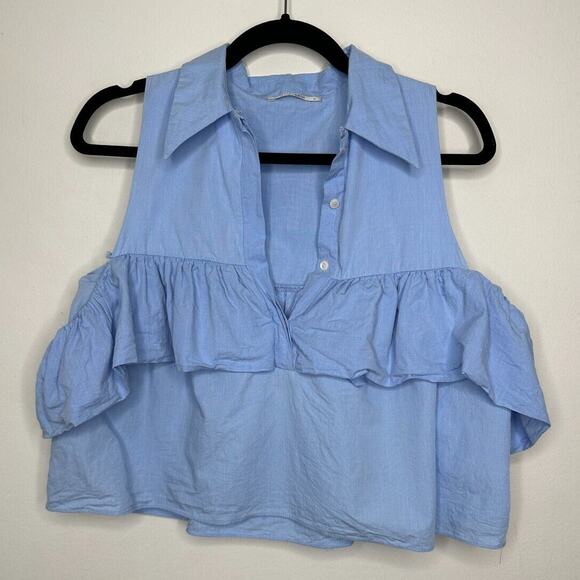 Chic Light Denim Blue Ruffled Cold Shoulder Half Front Button Flowy Blouse Small - Picture 2 of 13